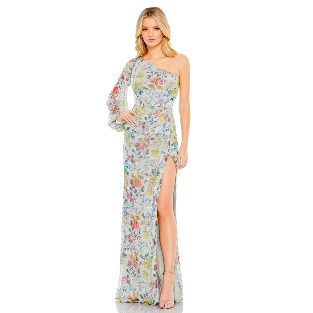 NWT Mac Duggal one shoulder floral gown with sequins size 10